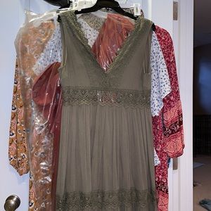 Long flowy army green dress.